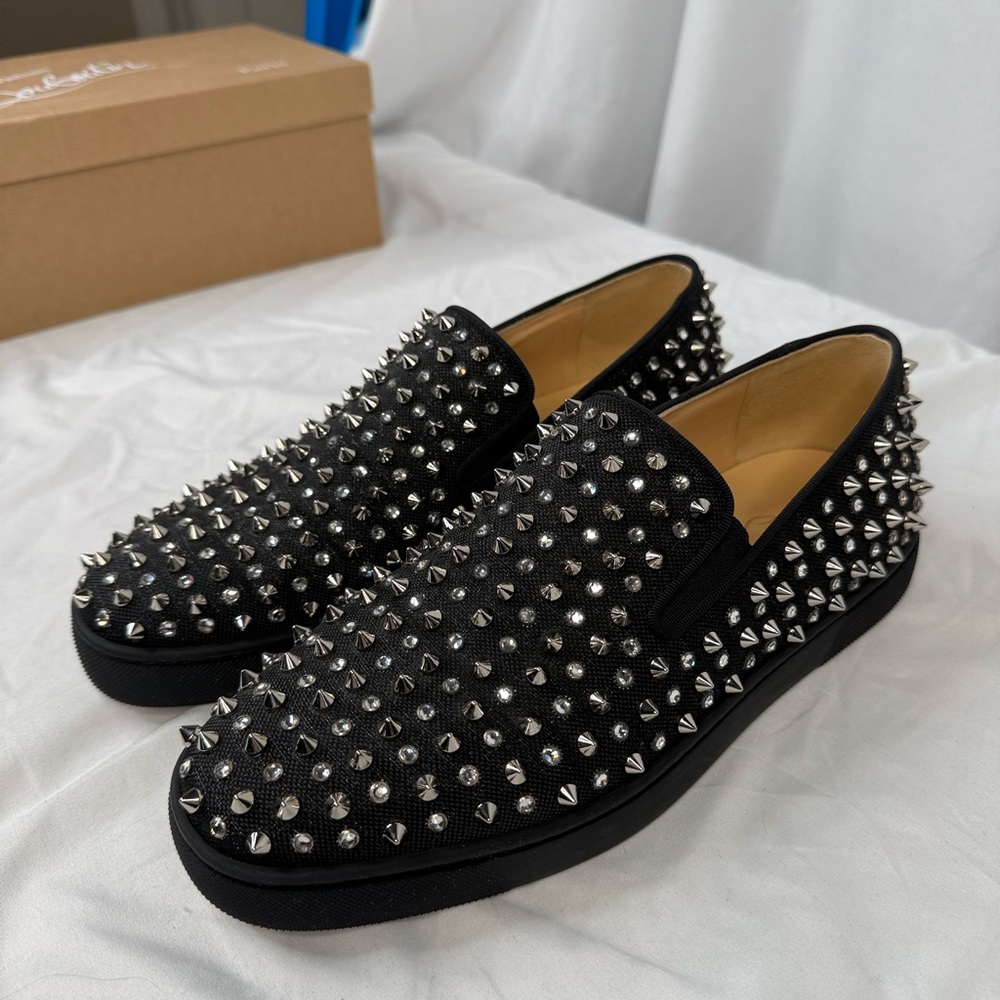 Christian Louboutin Black/Crystal Sv Version Roller 1c1s Flat Shoes - Picture 3 of 11